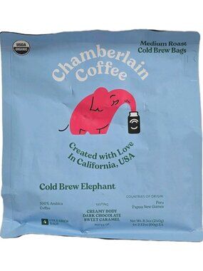 Chamberlain Coffee Cold Brew Elephant Organic Ground Medium Roast 8.5 Oz Bag